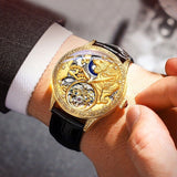 Reloj mecánico de cuero con diseño de diamantes de imitación de tigre