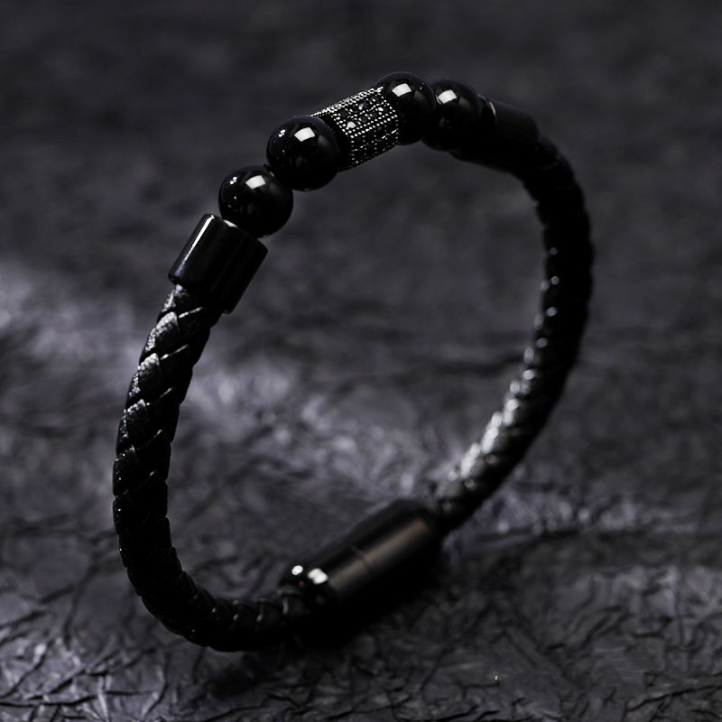 Rhinestone And Beads Woven Leather Rope Bracelet