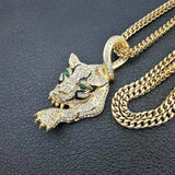 Tiger Pendant With Green Eyes And Rhinestone Necklace