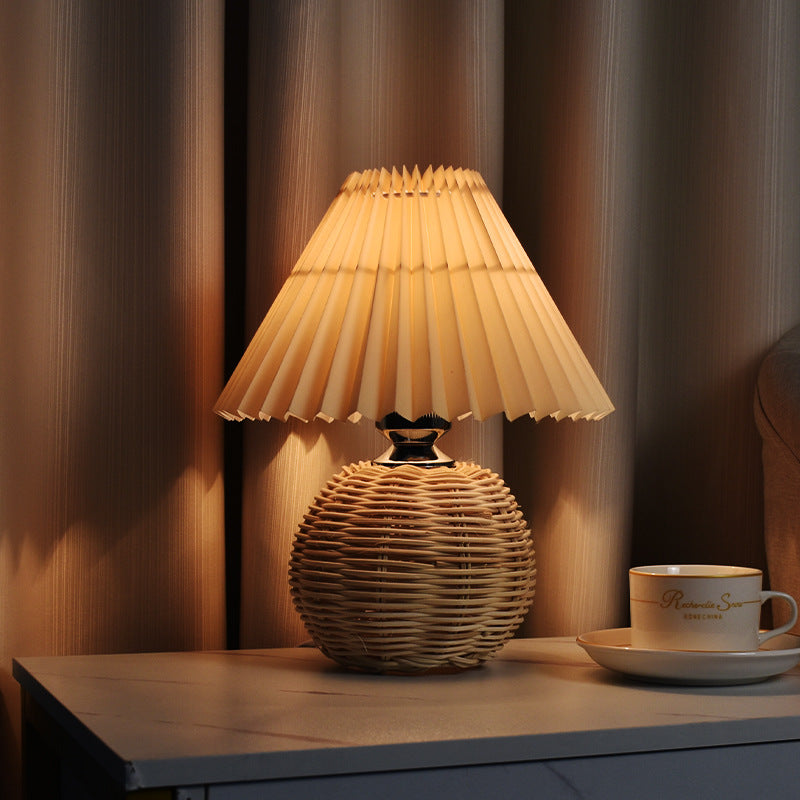 Pleated Cap Woven Wood Table Lamp