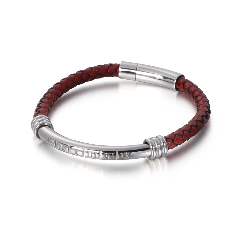 Leather Braided Titanium Steel Plate Bracelet