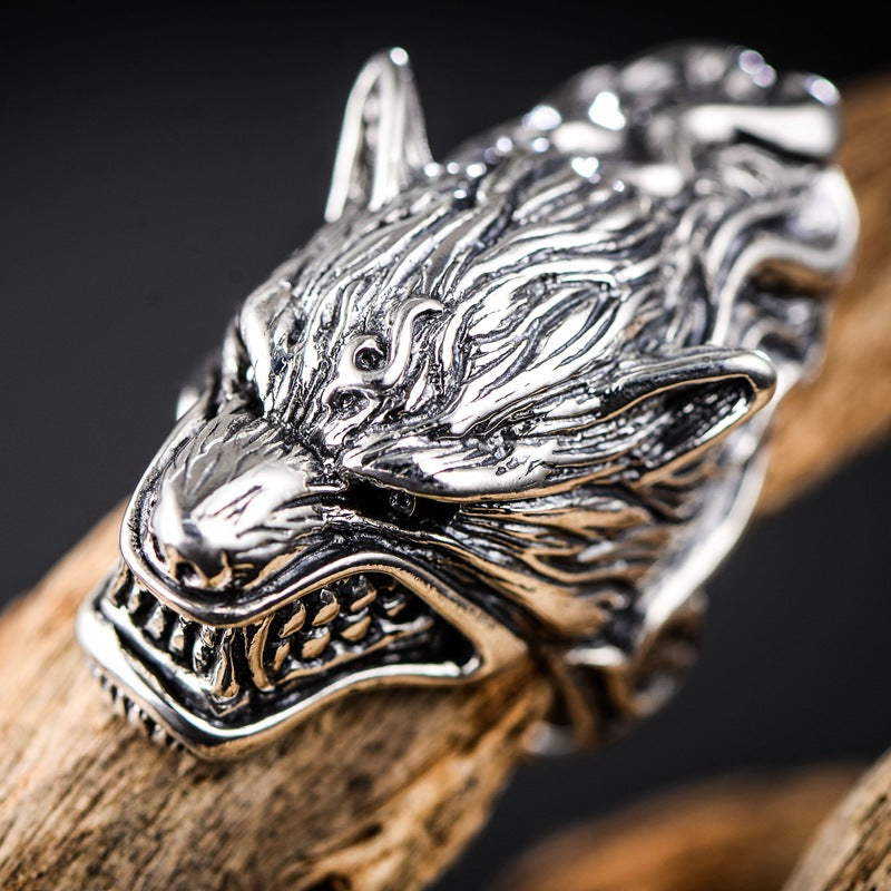 925 Anneau de tête de loup rugueux en argent