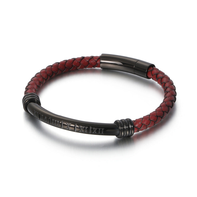 Leather Braided Titanium Steel Plate Bracelet