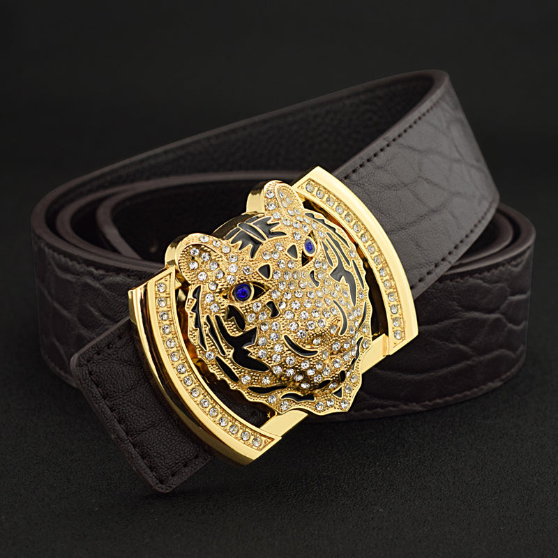 Tiger Head Rhinestone Leather Belt