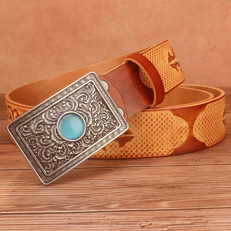 Geometric Carved First Layer Leather Belt