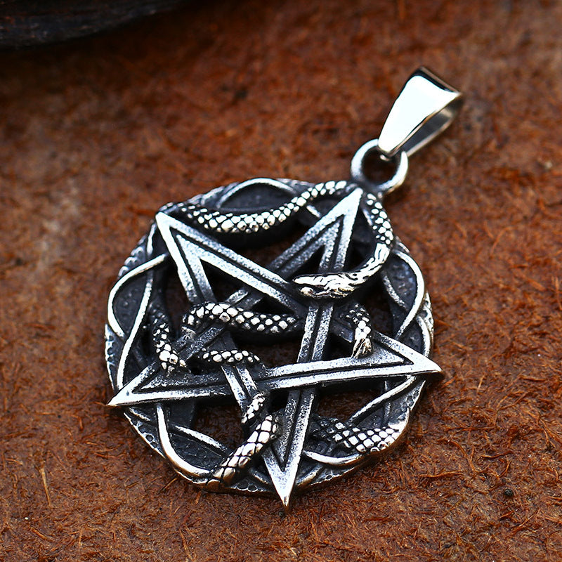 Retro Titanium Pentagram Snake Pendant
