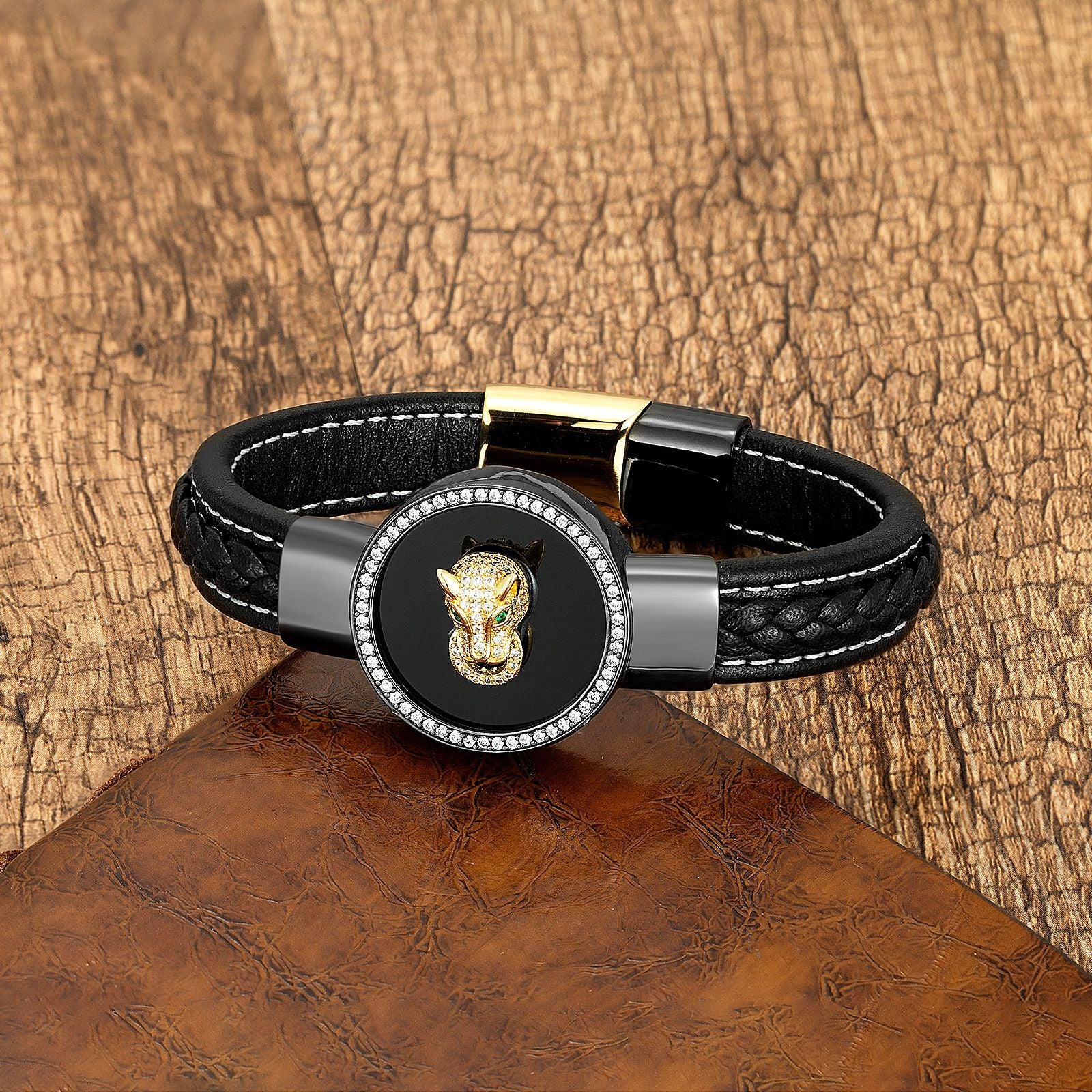 Panther Head Rhinestone Leather Bracelet