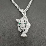 Tiger Pendant With Green Eyes And Rhinestone Necklace