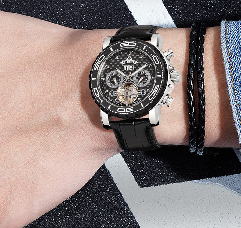 Reloj de cuero mecánico casual con hebilla redonda grande