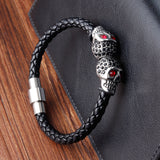 Skull Rhinestone Braided Leather Bracelet