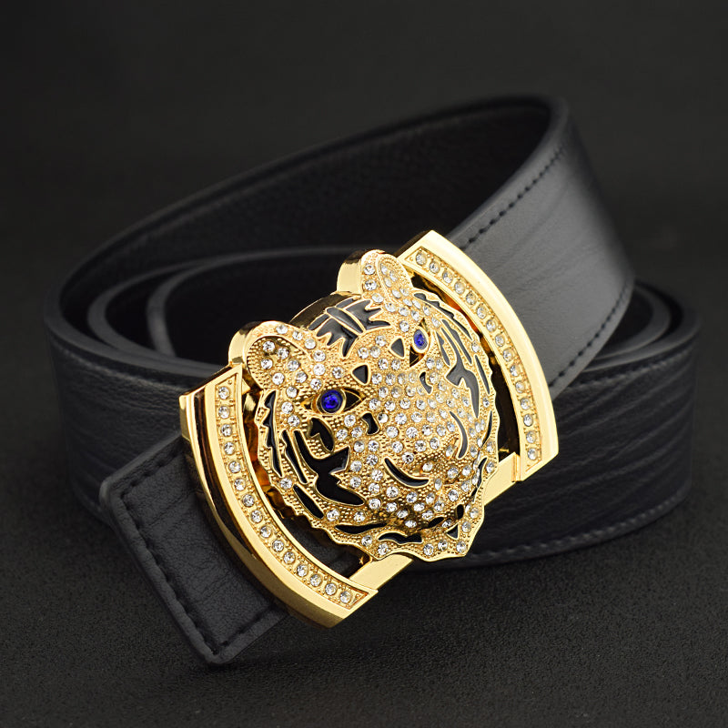 Tiger Head Rhinestone Leather Belt