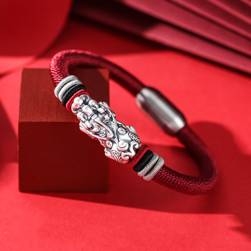 Dragon Sterling Pendant Rope Bracelet