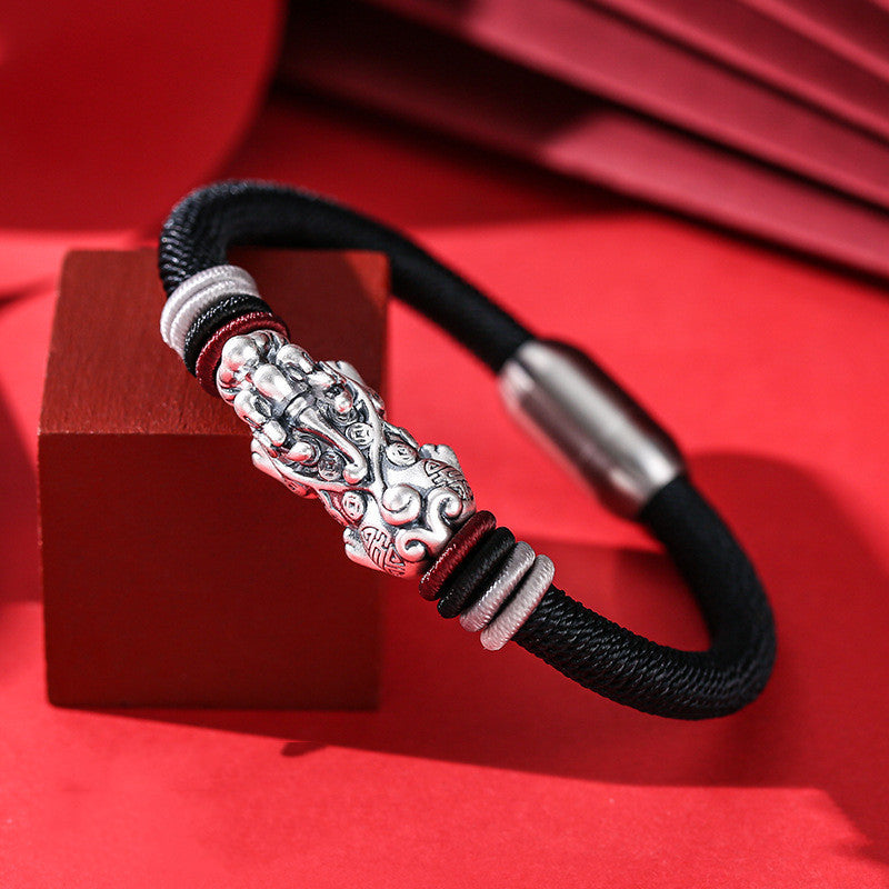Dragon Sterling Pendant Rope Bracelet