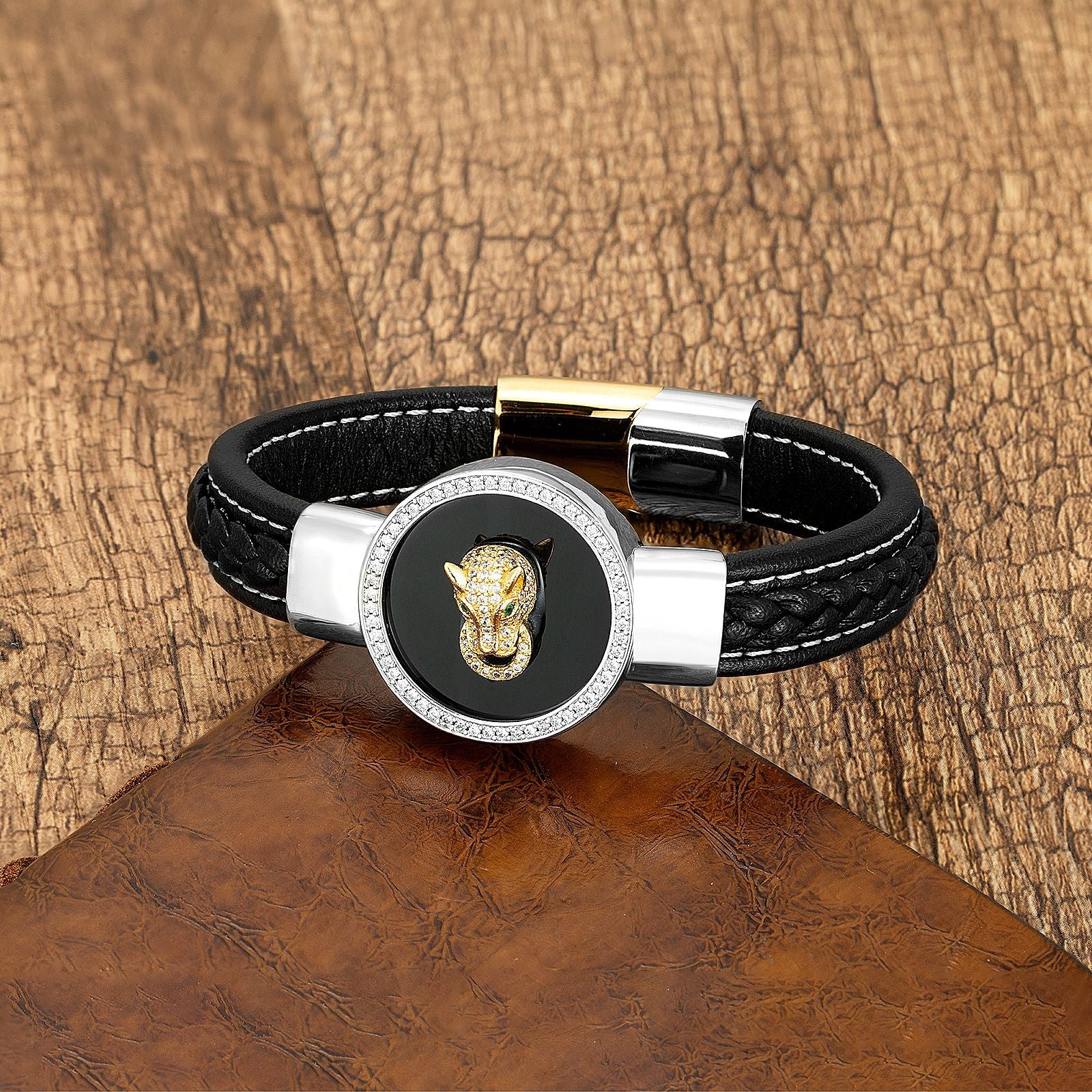 Panther Head Rhinestone Leather Bracelet