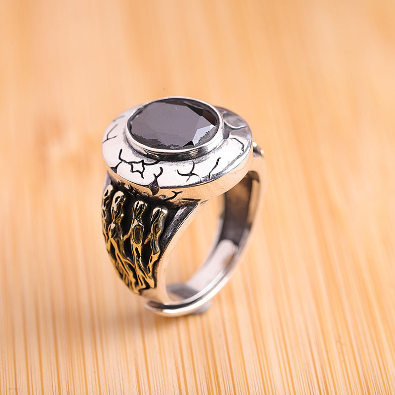 Bague géométrique de l'agate noire solide rétro