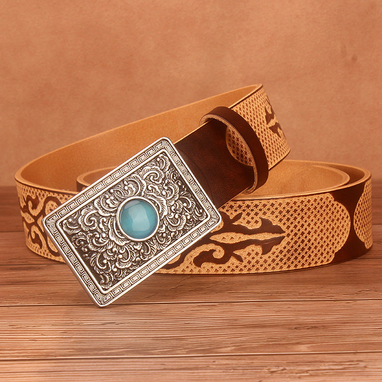 Geometric Carved First Layer Leather Belt