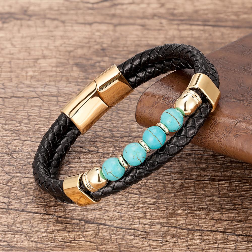 Stone Double Woven Leather Bracelet